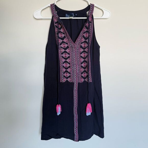 Blue Rain Tunic Top Embroidered Shirt Dress Tassels Size Medium - Picture 1 of 5